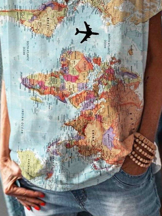 Map of World Printed Short Sleeve Shift Casual T-shirt