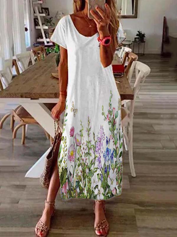 Short Sleeve Crew Neck Floral-Print Casual Knitting Dress