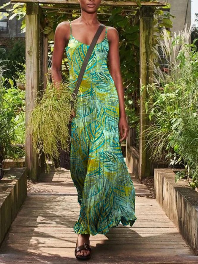 Mint Green Summer Floral-Print Sleeveless Cotton-Blend U-Neck Knitting Dress