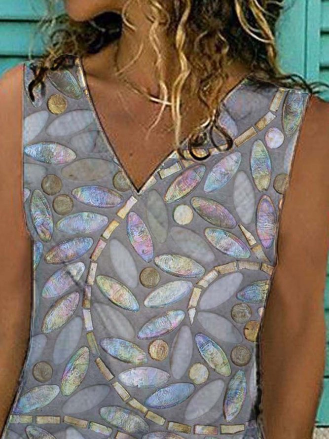 Geometric  Sleeveless  Printed  Cotton-blend V neck  Vintage Retro  Summer Brown Top
