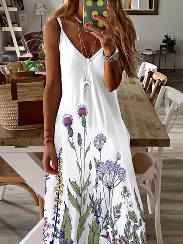 Floral-print Casual Spaghetti-Strap Knitting Dress