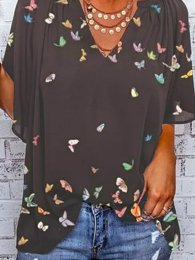 Butterfly Cotton-Blend Short Sleeve Shirts & Tops