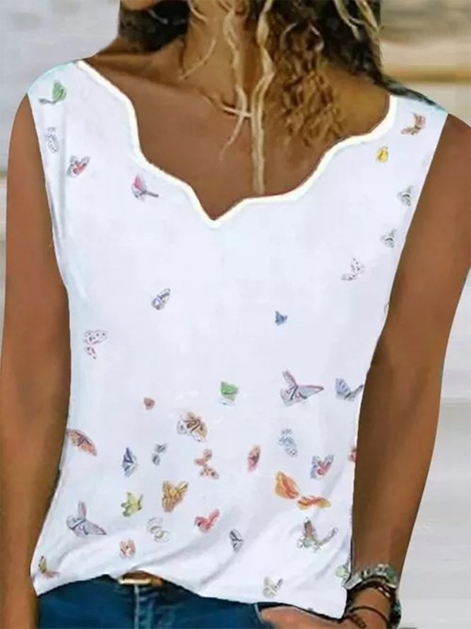 Vintage Sleeveless Butterflies Printed Casual Vest Tops