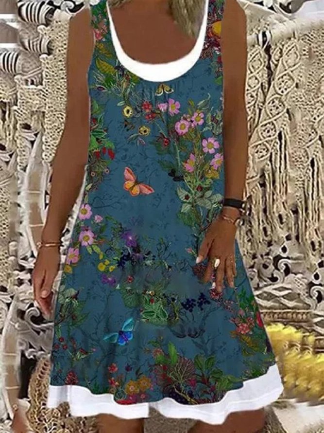 Vintage Sleeveless Butterfly Floral Printed Plus Size Casual Knitting Dress