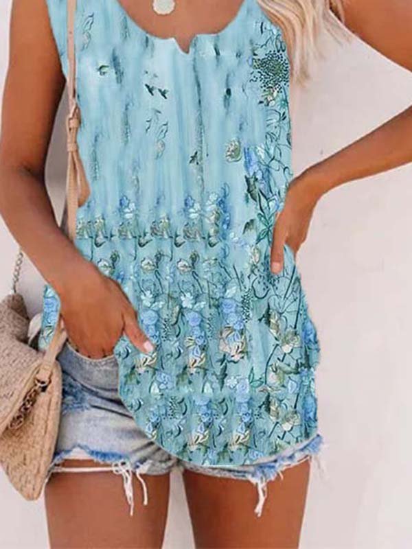 Floral-print V Neck Sleeveless Casual Tops