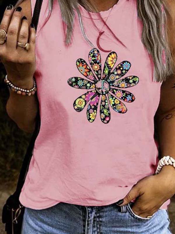 Casual Sleeveless Cotton-Blend Floral-Print Tops