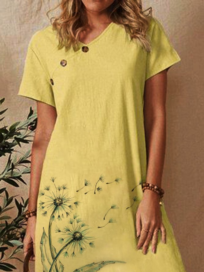A-Line Short Sleeve V Neck Cotton-Blend Weaving Dress