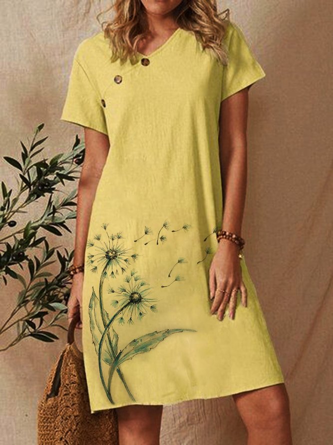 A-Line Short Sleeve V Neck Cotton-Blend Weaving Dress