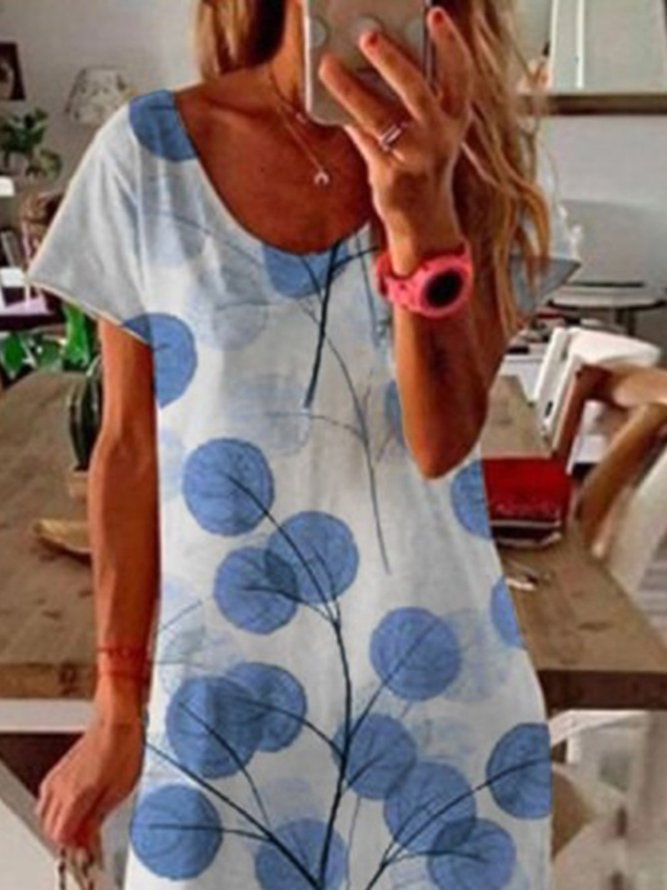 Blue Printed Short Sleeve Holiday Daily Casual Crew Neck Shift Knitting Dress