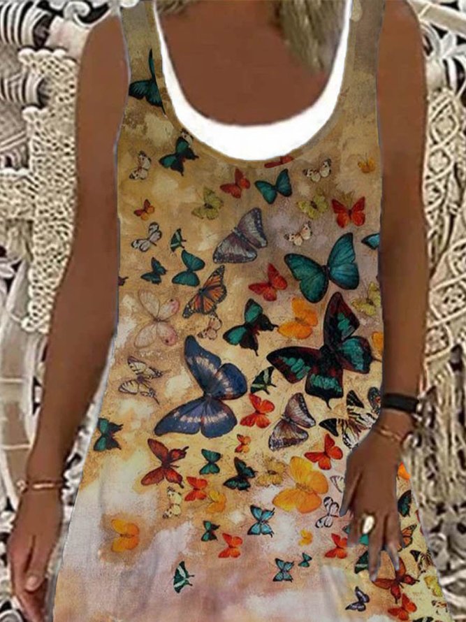 Butterfly Sleeveless  Printed  Cotton-blend Crew Neck  Holiday Summer Khaki Dress