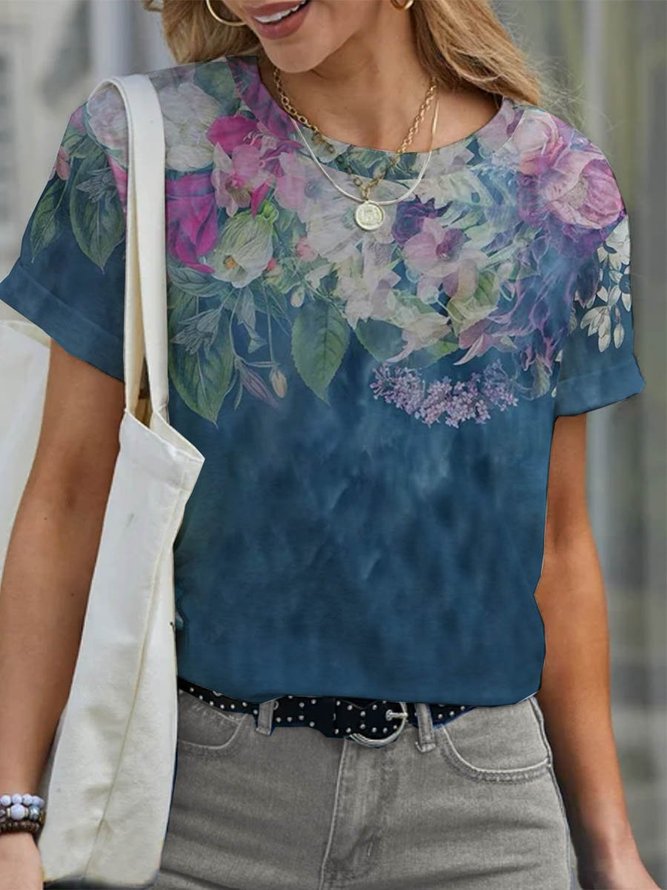 Floral Short Sleeve  Printed  Cotton Crew Neck Holiday Summer Blue Top