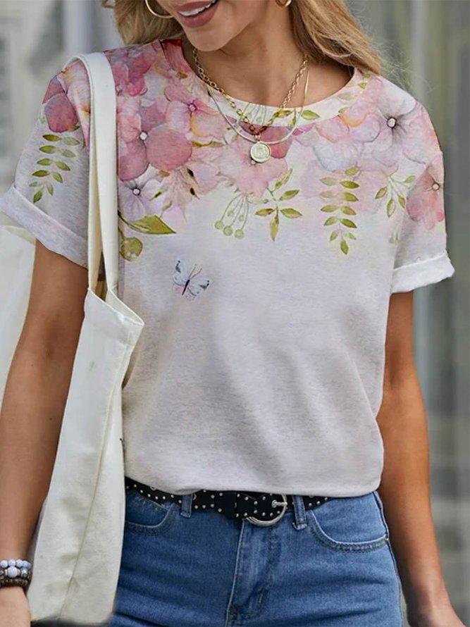 Floral Short Sleeve Printed  Cotton-blend  Crew Neck  Holiday Summer  White Top
