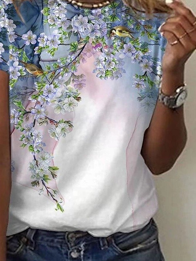 White Casual Floral Bird Printed Crew Neck Short Sleeve Shift T-shirt