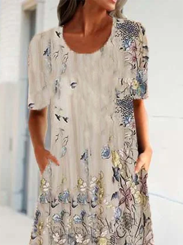 Floral Print Short Sleeve Crew Neck Weaving Dress Noracora 