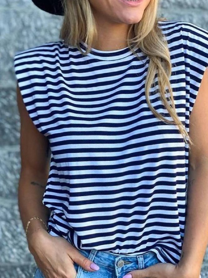 Sleeveless Crew Neck Stripes Cotton-Blend T-shirt