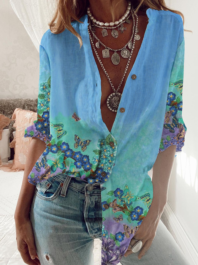 Floral Cotton-Blend Loose Shirt Collar Blouses