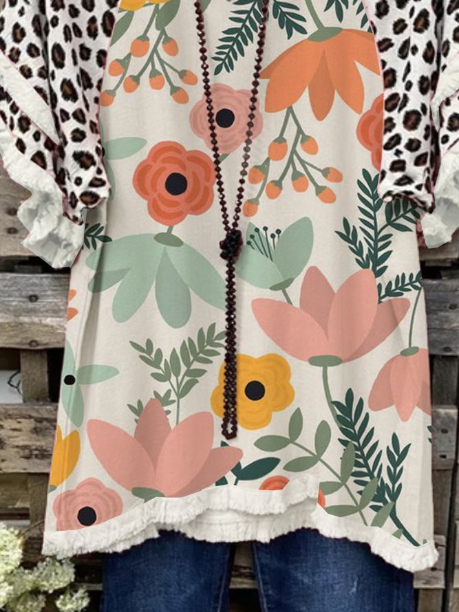 Floral  Short Sleeve  Printed  Cotton-blend  V neck  Casual  Summer  Multicolor Top
