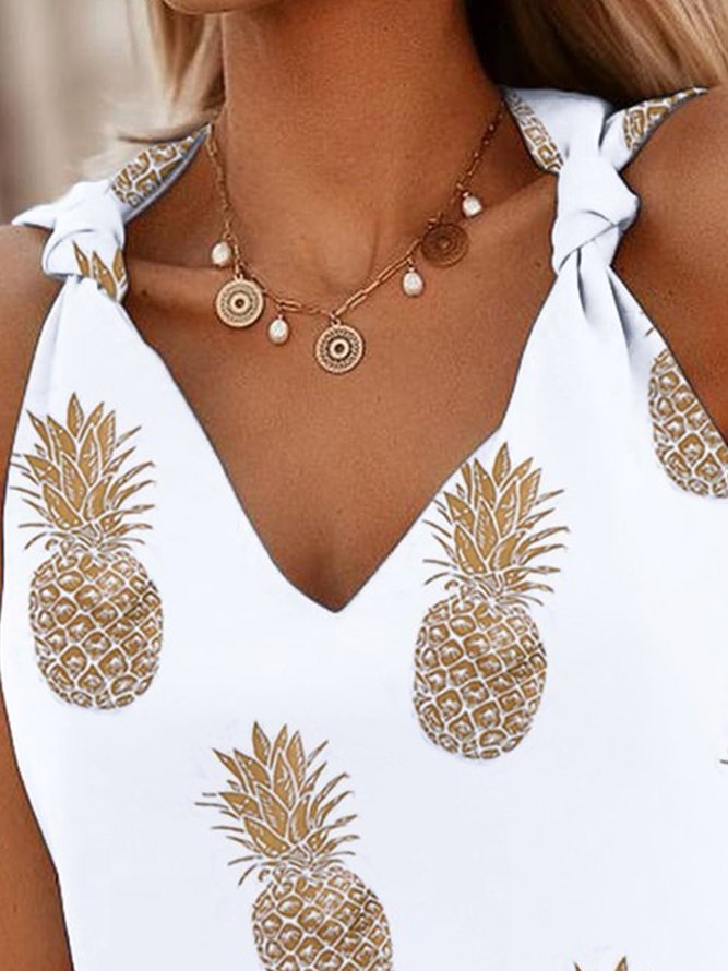 Vintage Tied Detail Sleeveless Pineapple Printed V Neck Casual Vest Tops