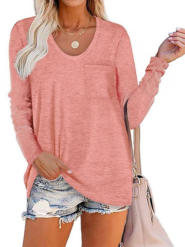 Long Sleeve Crew Neck Solid Casual T-shirt