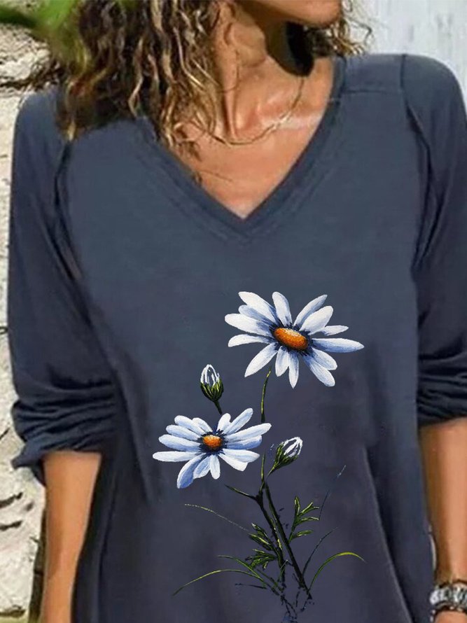 Dark Blue Casual Floral Printed Long Sleeve V Neck Shift Tops