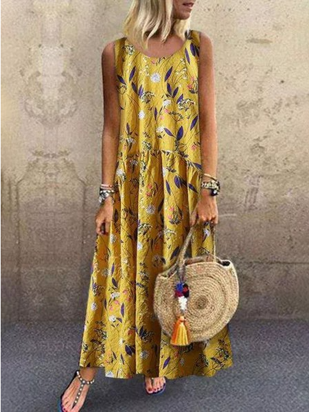 Sleeveless Floral Printed Casual Maxi Weaving Dress