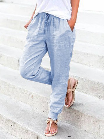 Solid Drawstring Casual Linen Pants Women Trousers
