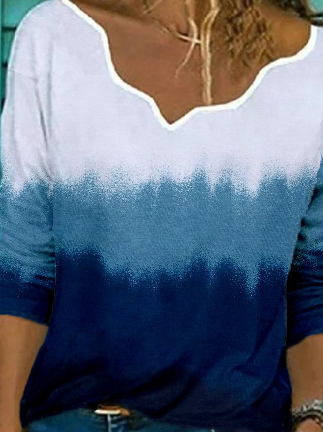 Blue V Neck Ombre/Tie-Dye Printed Casual Long Sleeve Shift Tops