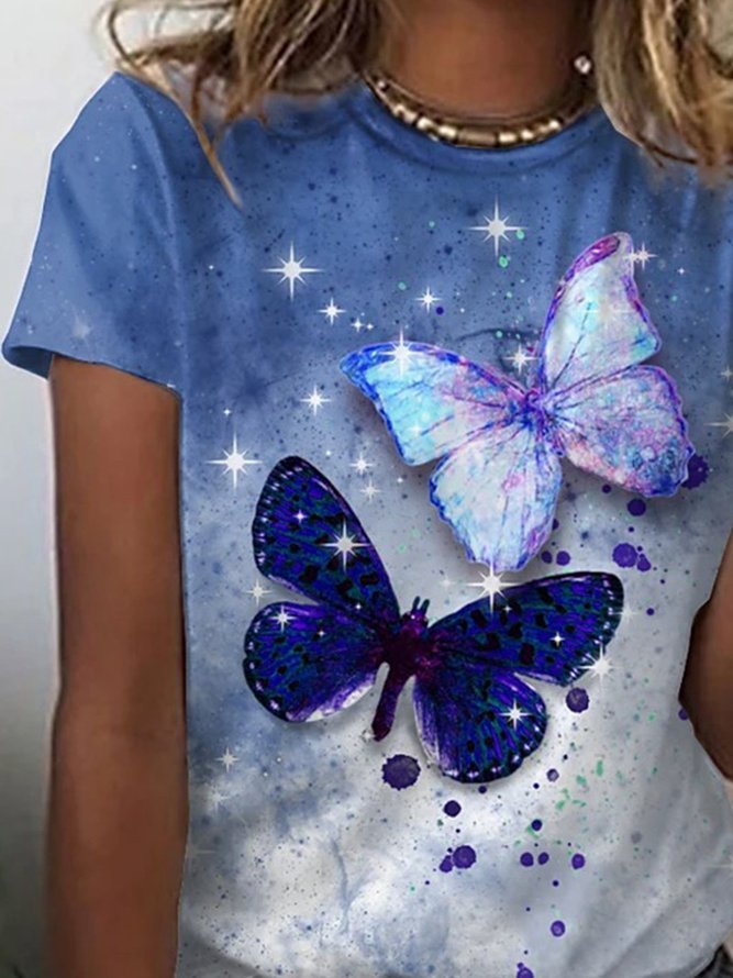 Blue Butterfly Printed Short Sleeve Shift Casual T-shirt