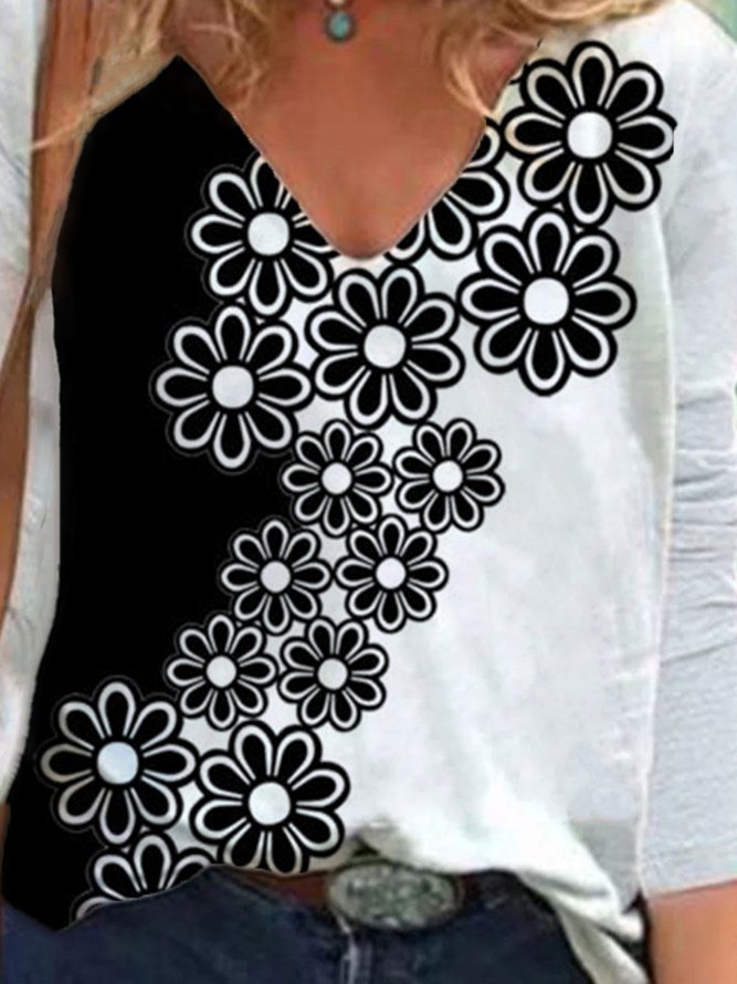 Black-white Floral Printed Long Sleeve V Neck Casual Shift Tops