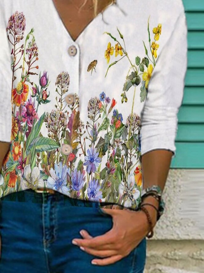 White Floral Printed Buttoned V Neck Long Sleeve Casual Shift Blouse