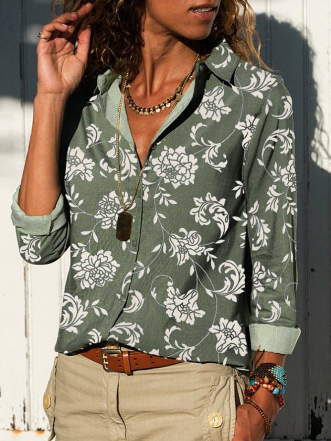 Green Floral Printed Long Sleeve Casual Shirt Collar Blouse
