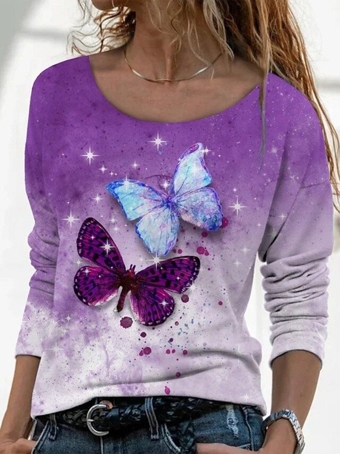 Purple Butterfly Printed Shift Casual Long Sleeve Round Neck Tops