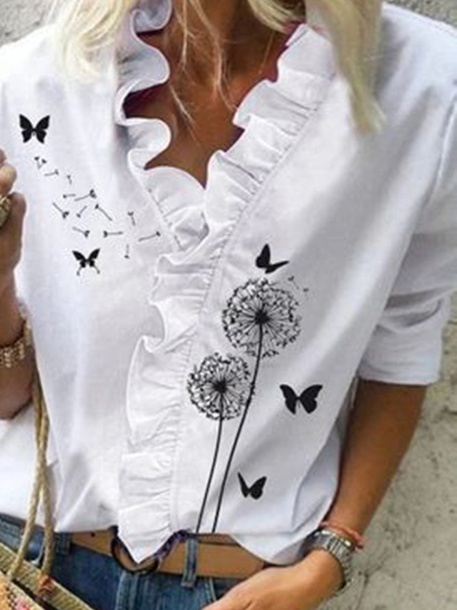 White Dandelion Printed Ruffled Long Sleeve V Neck Shift Shirts & Tops