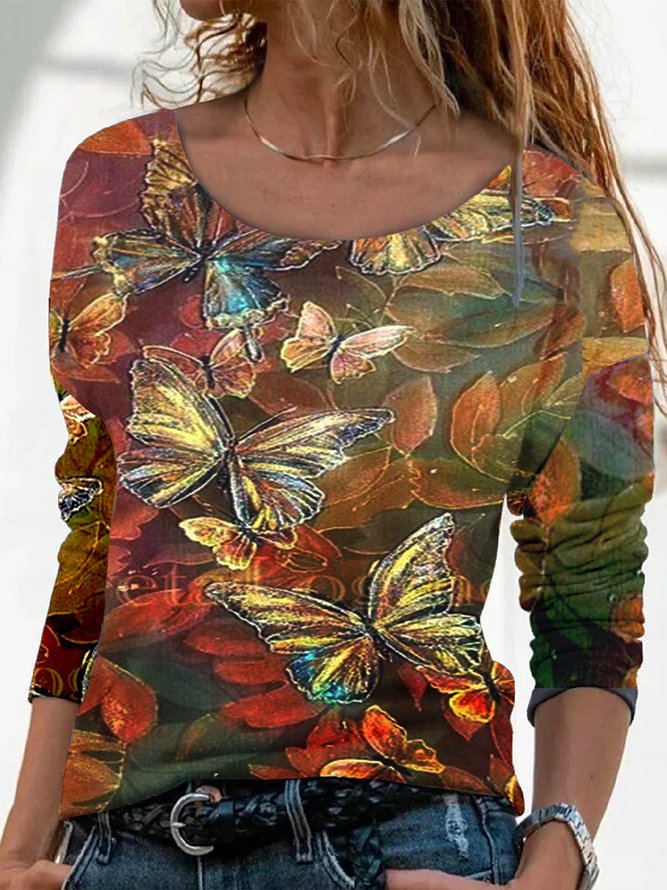 Long Sleeve Crew Neck Butterfly T-shirt | Clothing | Floral-Print ...