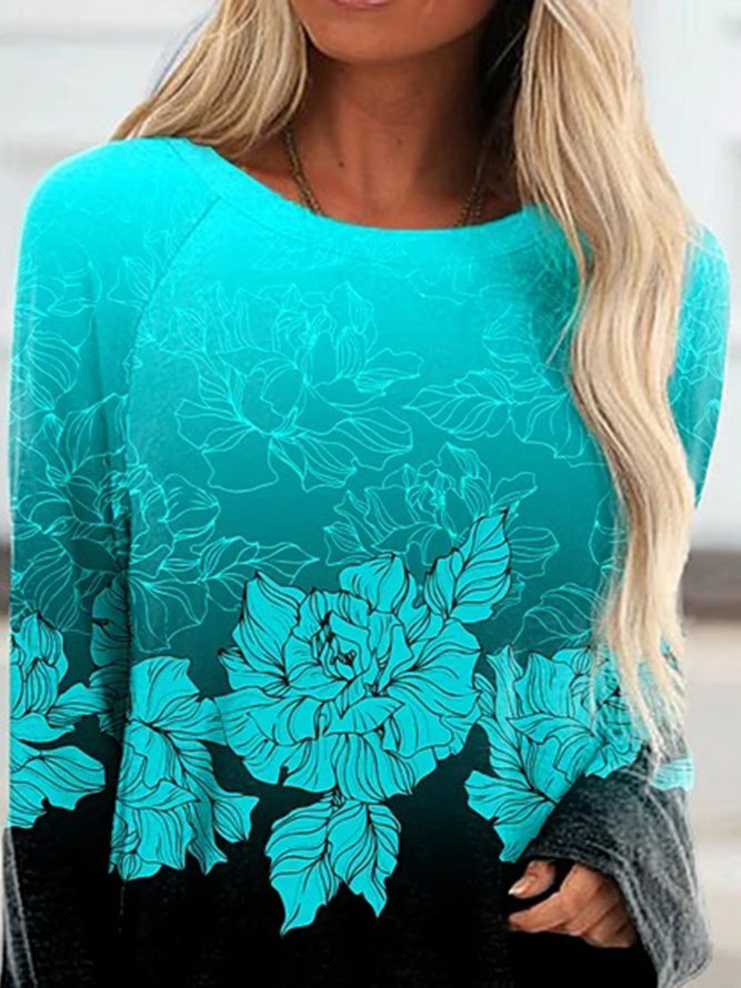 Blue Floral Printed Round Neck Long Sleeve Casual Shift Tops