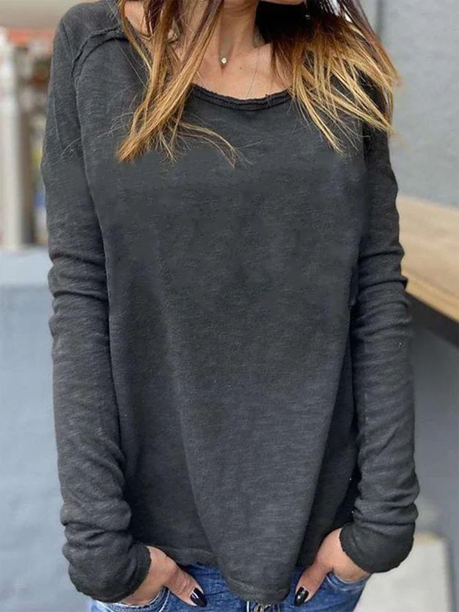 Cotton Round Neck Long Sleeve Plain T-Shirts - Noracora