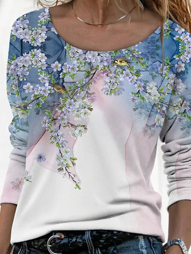 White Floral Bird Printed Casual Long Sleeve Shift Top