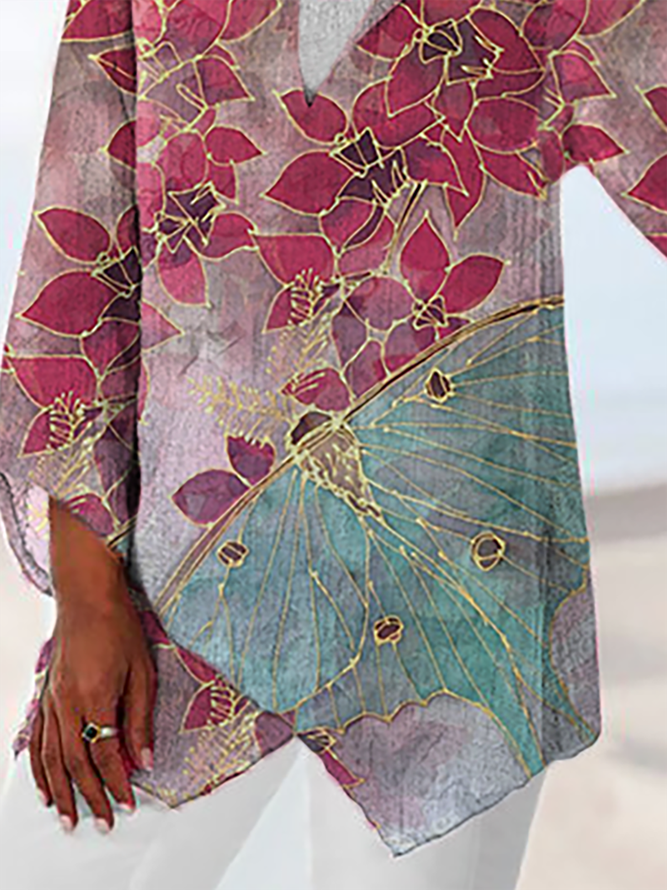 Plus size Butterfly Floral Long Sleeve Shirts & Tops