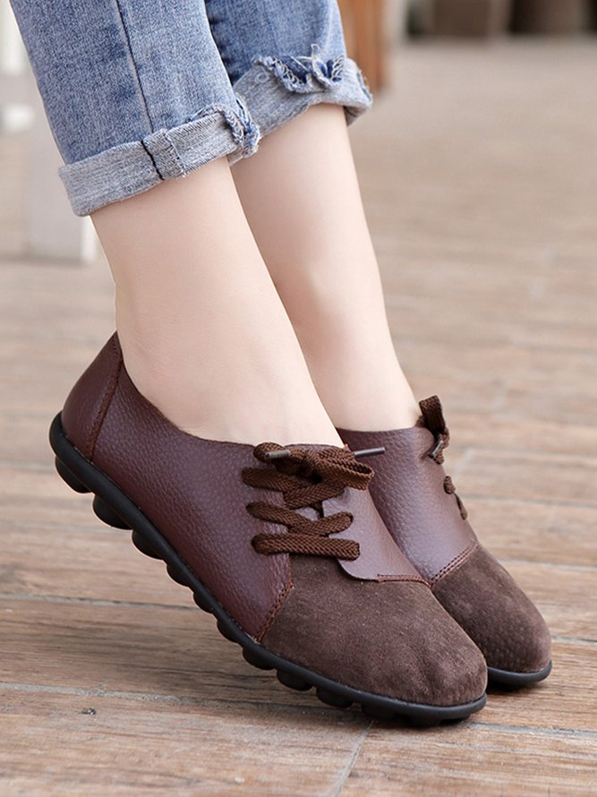Cowhide Stitching Lace Retro Casual Flat Shoes