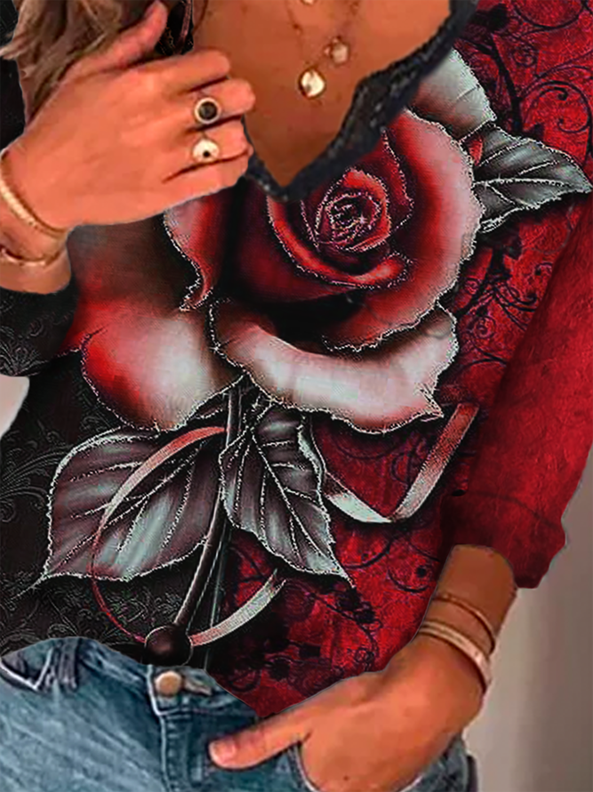 Plus size Floral Printed Lace Long Sleeve T-shirt
