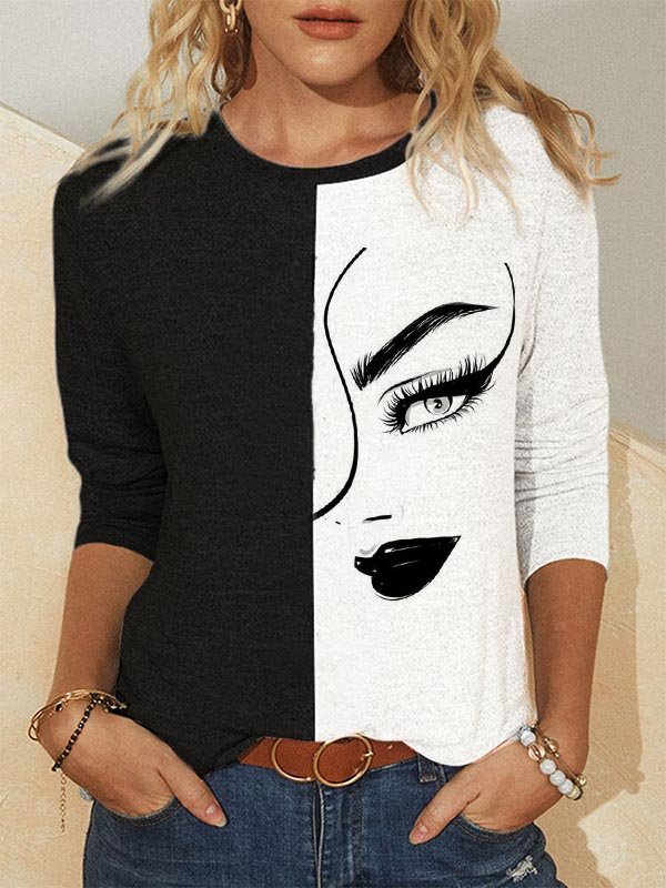 Printed Long Sleeve Crew Neck Casual Shirts & Tops