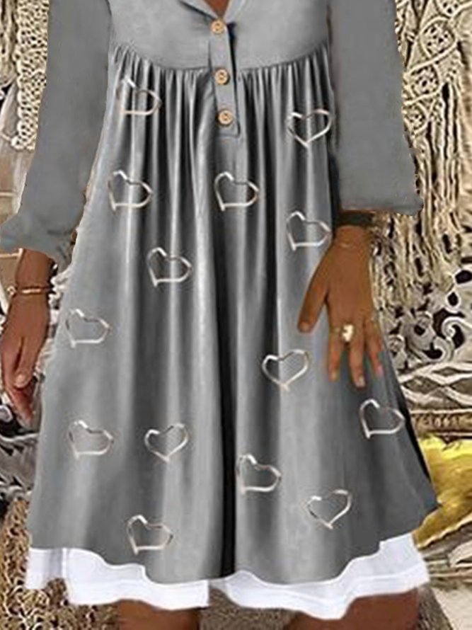 Gray Printed Buttoned Casual Long Sleeve A-line Knitting Dress