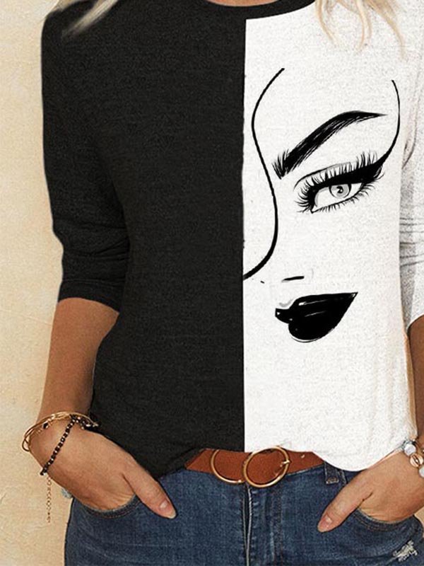 Printed Long Sleeve Crew Neck Casual T-shirt