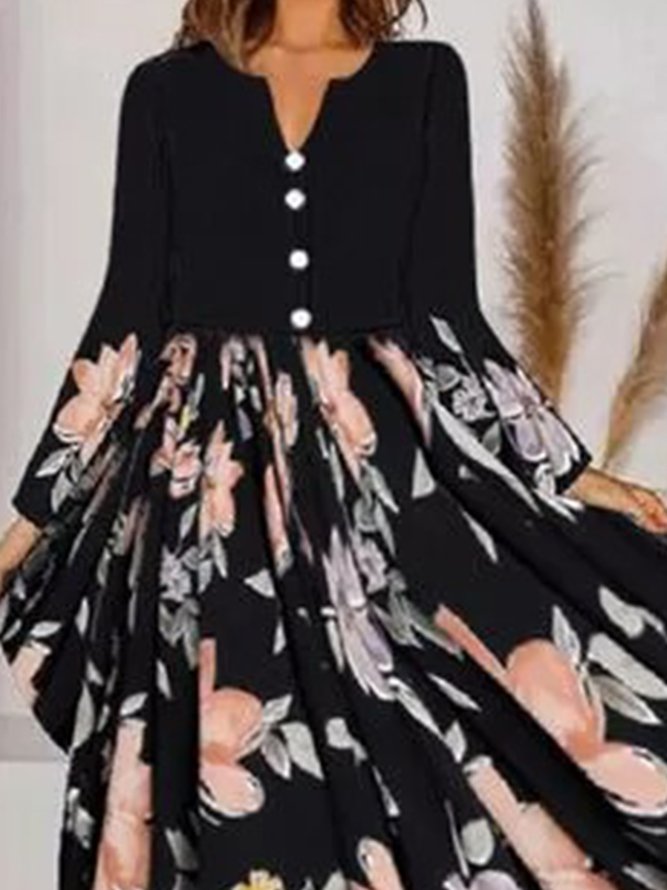Black Floral Printed V Neck Casual Long Sleeve A-line Knitting Dress