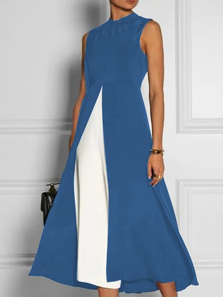 Vintage Plain Color-block Plus Size Sleeveless Casual Weaving Dress