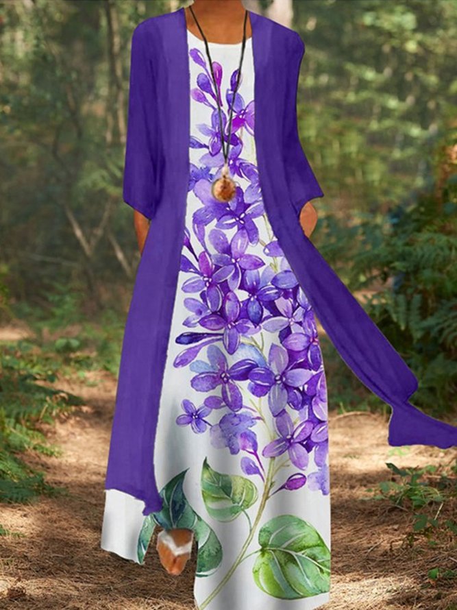 Ladies Loosen Chiffon Floral Dress-Two Piece Sets