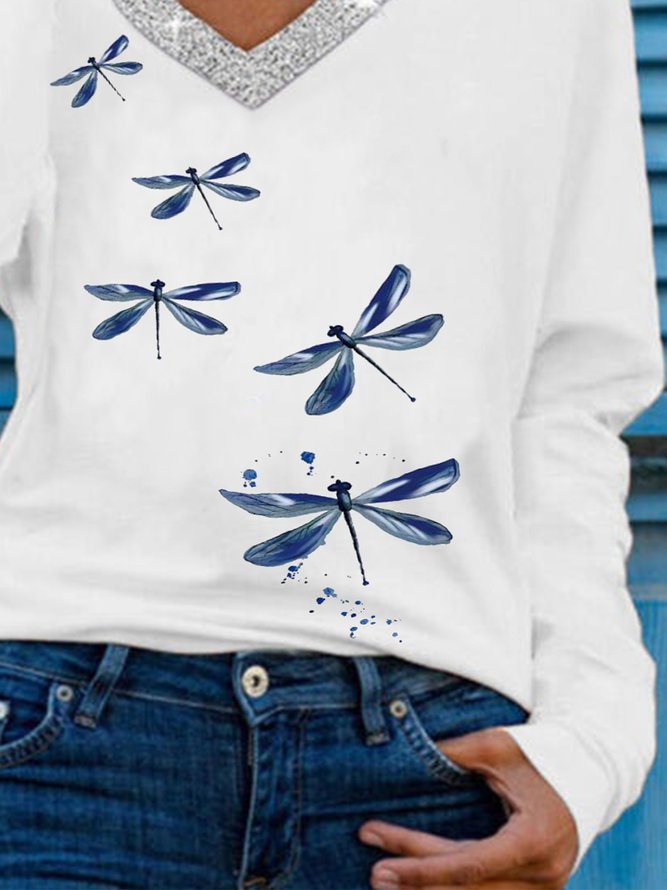 Vintage Long Sleeve Dragonfly Printed V Neck Plus Size Casual Tops