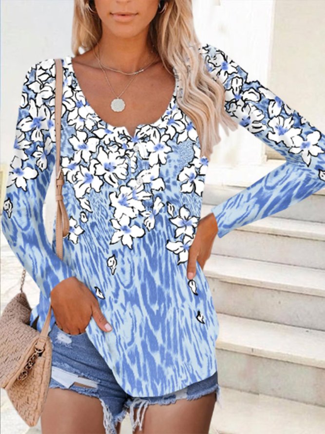 Blue Floral Printed Buttoned Shift Long Sleeve Casual Tops