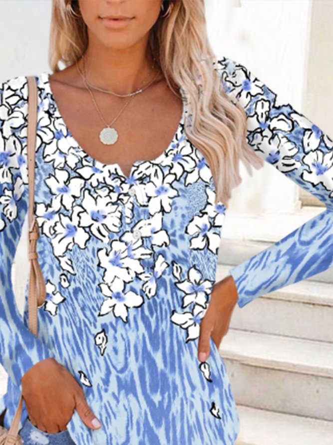 Blue Floral Printed Buttoned Shift Long Sleeve Casual Tops