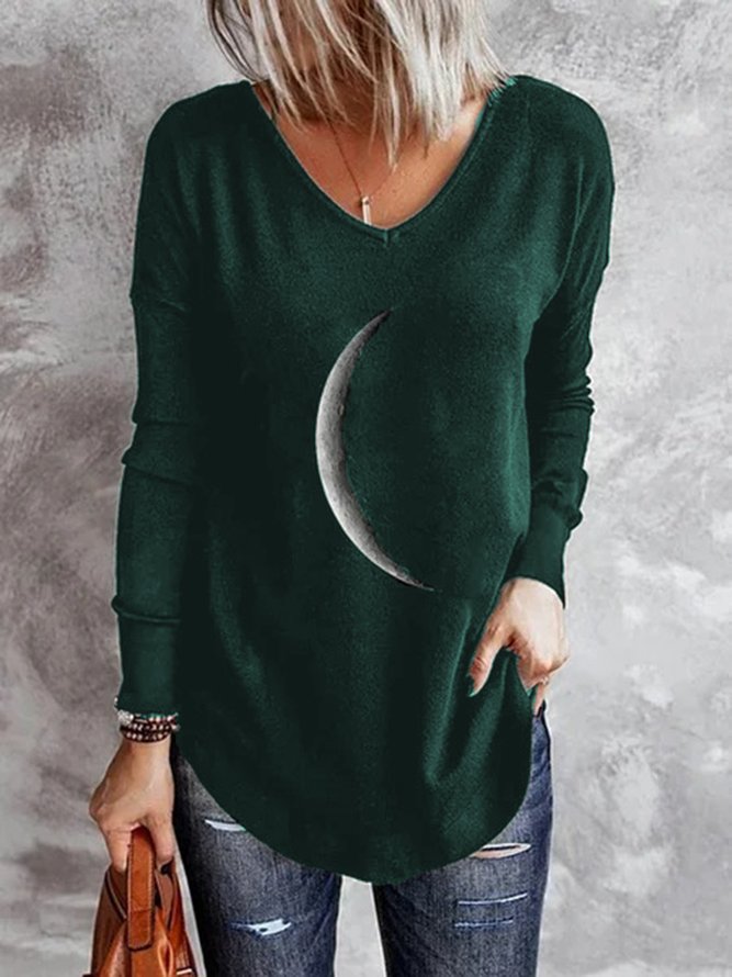 Black Moon Printed V Neck Casual Long Sleeve Shift Shirts & Tops